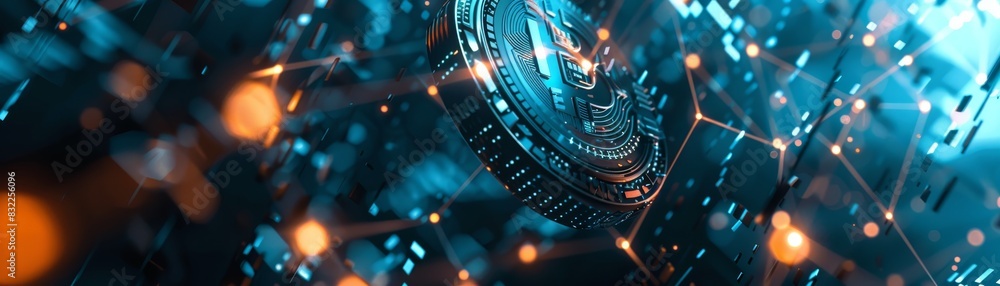 Poster futuristic digital network with glowing nodes, circuit patterns, and a central glowing cryptocurrenc