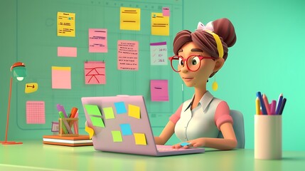 3D woman character working on her laptop, with colorful sticky notes and a to-do list in the background, plain green setting