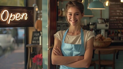 Welcoming Cafe Owner at Door with Open Sign