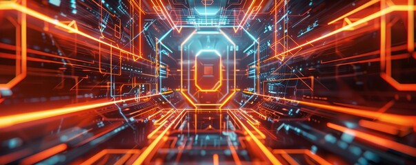 Obraz premium Futuristic glowing neon digital hallway with a high-tech, sci-fi feel. Perfect for technology, innovation, and futuristic concept visuals.