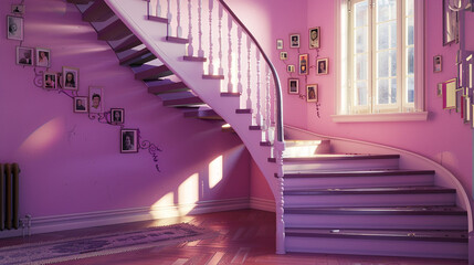 "Family photos along the wall complement a lavender L-shaped staircase in a home."