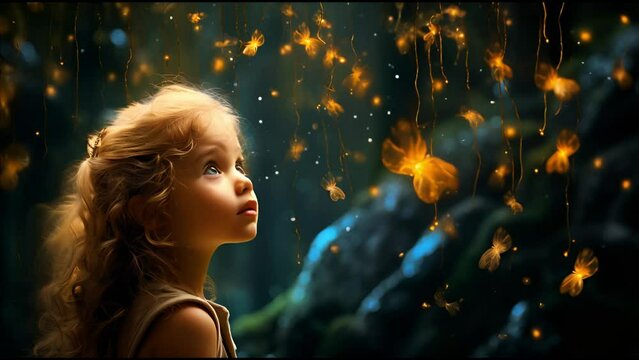 Little girl looking up at the magic butterflies