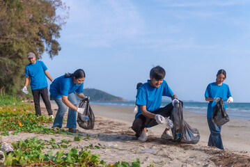 Plastic pollution and environmental problem concept. Close up male volunteer with garbage bags...