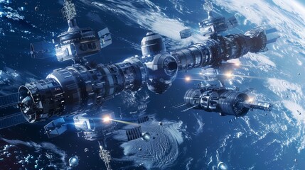 Futuristic space station orbiting above Earth with spacecraft, showcasing advanced technology and cosmic exploration.