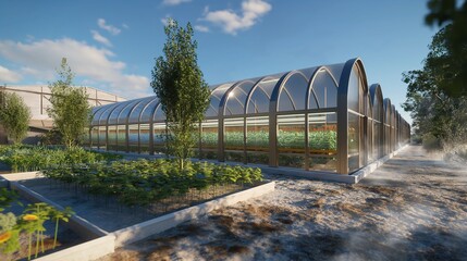 A conceptual image of a geothermal-powered greenhouse complex, where the geothermal heat is used to maintain optimal temperature for growing plants year-round in an otherwise cold climate.