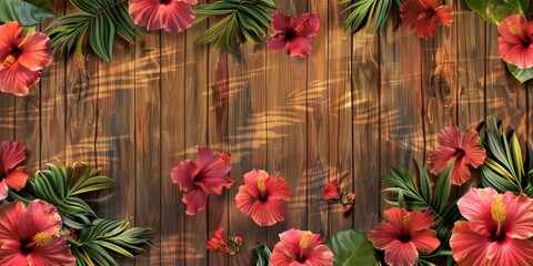 Tropical wood grain, interspersed with vibrant hibiscus flowers in full bloom, showcasing a harmonious blend of natural wood textures and the lively colors of summer, ai generated