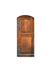 wooden door with metal hinges on the door, white background