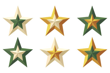 Vector icons of stars . Gold, pearls, green color. Two-color Vector Illustration. 3d star icons with shadow on isolated background