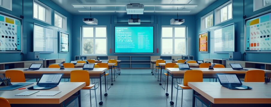 Modern classroom setup with computers and projectors. Bright and spacious learning environment filled with technology and ample seating.