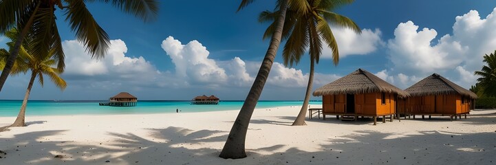 bungalow in un ambiente tropicale,  come sfondo delle palme sulla spiaggia, il mare e un cielo con nuvole bianche come sfondo