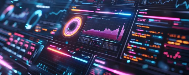 Obraz premium Modern data visualization dashboard with colorful graphs and charts, representing analytical and statistical information on a digital screen.