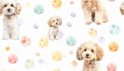 Watercolor Pattern of Cute Poodle Puppies..