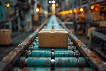 dynamic scene as multiple cardboard box packages smoothly traverse conveyor belt within busy warehouse fulfillment center, symbolizing intersection of delivery efficiency,