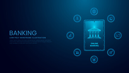 Online banking technology concept. Smartphone and Tablet Banking Concept. Low Poly Wireframe Vector Illustration on Technological Blue Background. 	