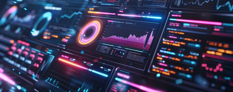 Modern data visualization dashboard with colorful graphs and charts, representing analytical and statistical information on a digital screen.
