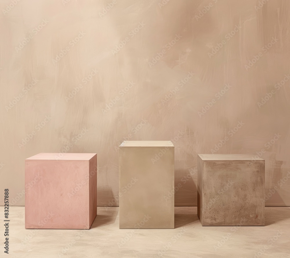 Poster minimalist background with three cubes in neutral tones