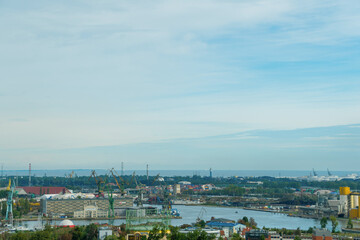 View of the seaport in Gdansk, Poland from the observation deck. Panorama of the city.