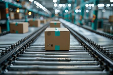 dynamic scene as multiple cardboard box packages smoothly traverse conveyor belt within busy warehouse fulfillment center, symbolizing intersection of delivery efficiency,