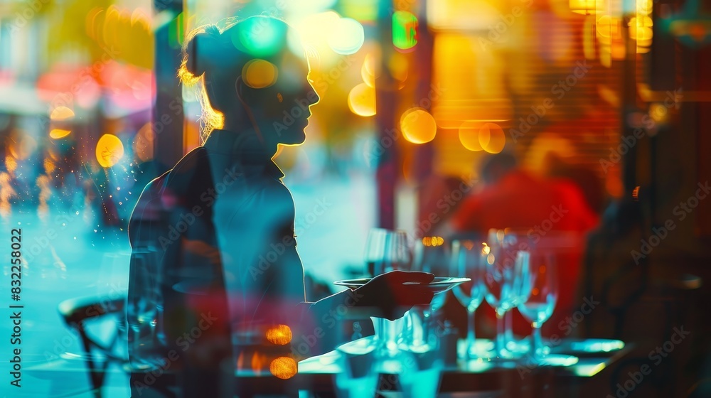 Poster silhouette of a person in vibrant cafe setting with colorful bokeh lights, creating a lively and abs