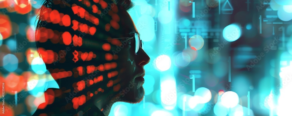 Poster silhouette of a person with futuristic code projections, symbolizing technology, coding, and digital