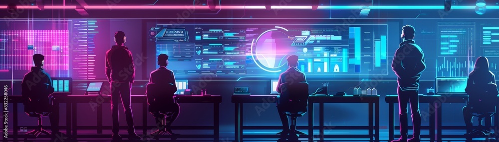 Aufkleber silhouetted figures working in a futuristic, neon-lit control room with digital data screens, analyz