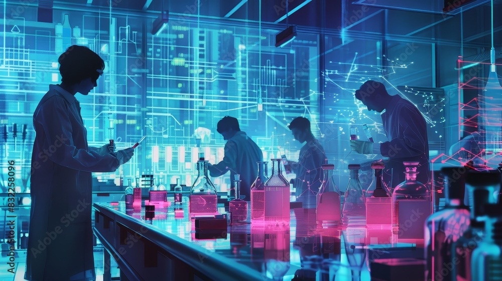 Poster silhouettes of scientists working in a futuristic, high-tech laboratory with digital data displays a