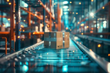 dynamic scene as multiple cardboard box packages smoothly traverse conveyor belt within busy warehouse fulfillment center, symbolizing intersection of delivery efficiency, - Powered by Adobe