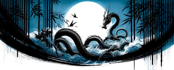 A dynamic ink art banner with a white moon, bamboo, and a sinuous dragon under a moonlit blue sky