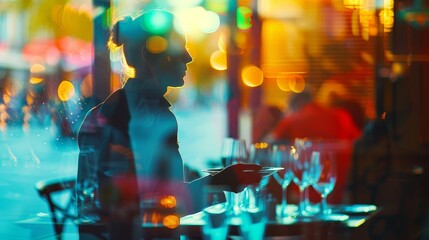 Silhouette of a person in vibrant cafe setting with colorful bokeh lights, creating a lively and abstract urban atmosphere.