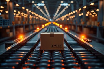 dynamic scene as multiple cardboard box packages smoothly traverse conveyor belt within busy warehouse fulfillment center, symbolizing intersection of delivery efficiency,