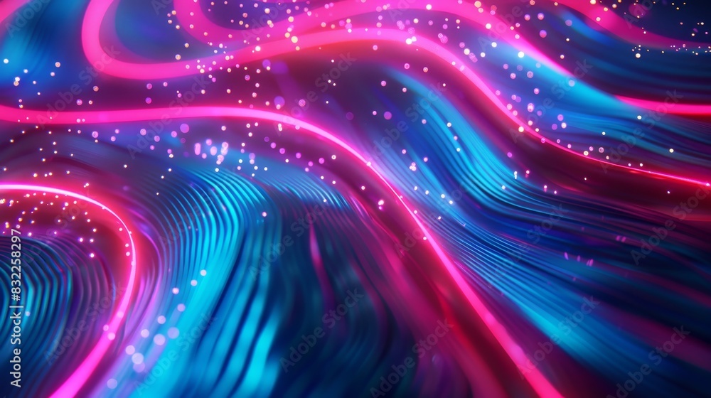Poster vibrant abstract background with flowing neon pink and blue lines and sparkling light particles, ide