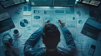 Top view of a professional analyzing data charts at a desk. Computer screens and documents show economic analysis, statistics, and financial trends.