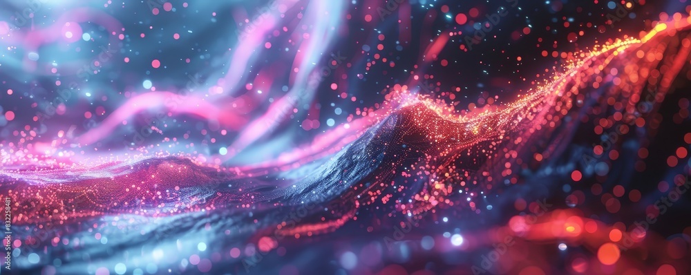 Poster vibrant abstract digital art with swirling pink and blue particles creating dynamic and mesmerizing 