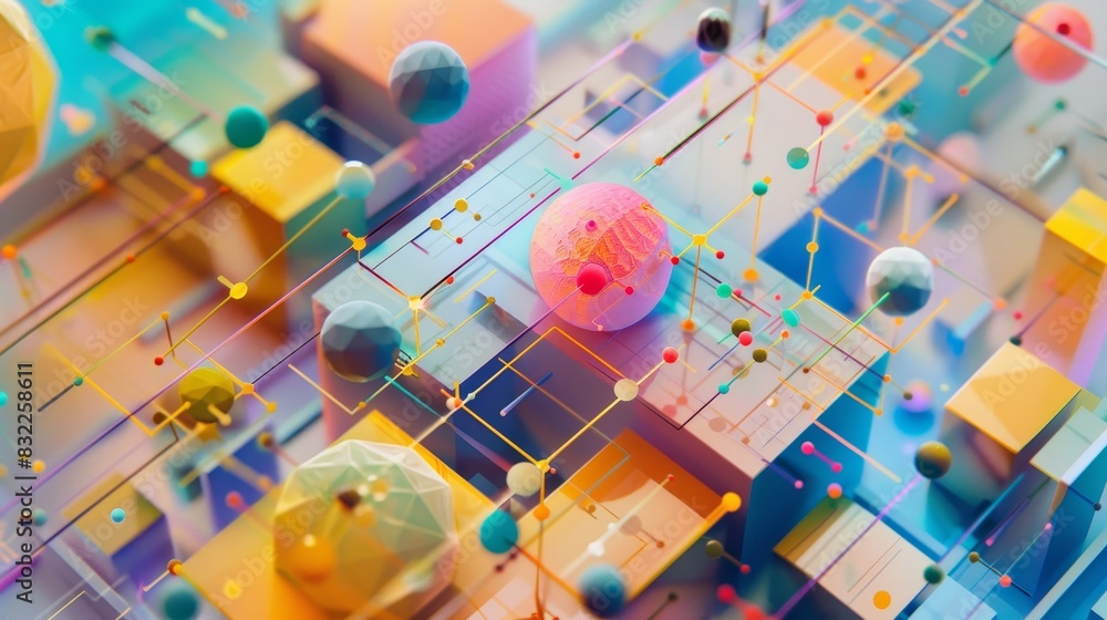 Poster vibrant abstract geometric digital illustration with 3d shapes and colorful spheres connected by lin