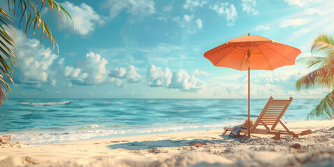Banner on the theme of beach vacation. Palm tree, sand, straw umbrella and sun lounger. Vacation concept.