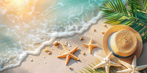 Banner on the theme of beach vacation. Hat, beach, sand, sea,sea star, ocean. Vacation concept. Banner. Copy space