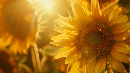 Fototapeta premium sunflower in the field, sunflower flowers under soft sun light effect close up