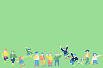 多世代の地域の人々が横に並んでいるイラスト【セット】