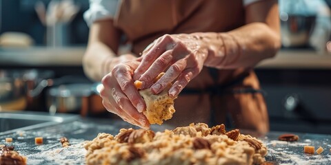 Hands kneading dough with scattered nuts and raisins on kitchen