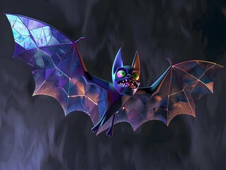 Menacing Bat-like Creature with Vibrant Translucent Wings Soaring in Ominous Nightscape