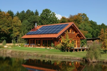 Fototapeta premium House with solar panels on the roof. Eco-friendly energy production. Appearance of mounted panels. Autonomous house concept