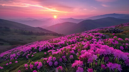 Obraz premium Picturesque summer sunset with rhododendron flowers in the mountains
