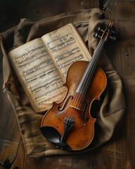 Fototapeta premium Still life of a violin and sheet music, dramatic contrast, rich wood tones and deep shadows, classic and artistic composition