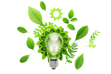 Light bulb with green leaves and gears mechanism isolated on transparent background	
