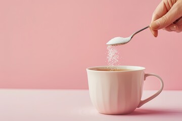 Hand sprinkling sweetener into cup on pink background