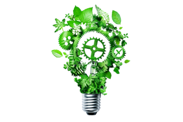 Light bulb with green leaves and gears mechanism isolated on transparent background	
