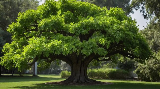 A tree with a large trunk and shady branches, green leaves