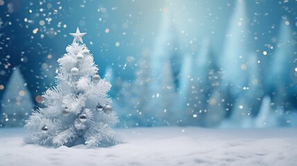 Christmas tree in the snow with bokeh background.