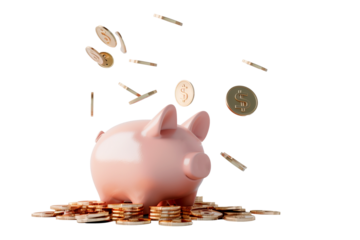 Pink piggy bank with falling coins floating isolated on a transparent background