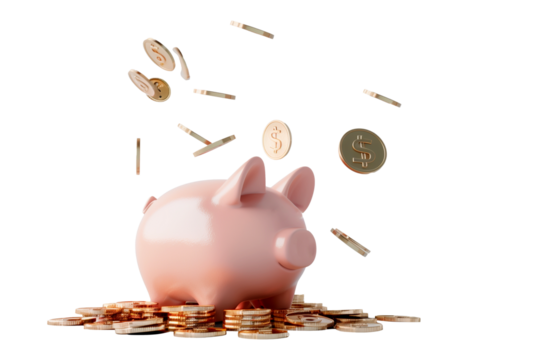 Pink piggy bank with falling coins floating isolated on a transparent background